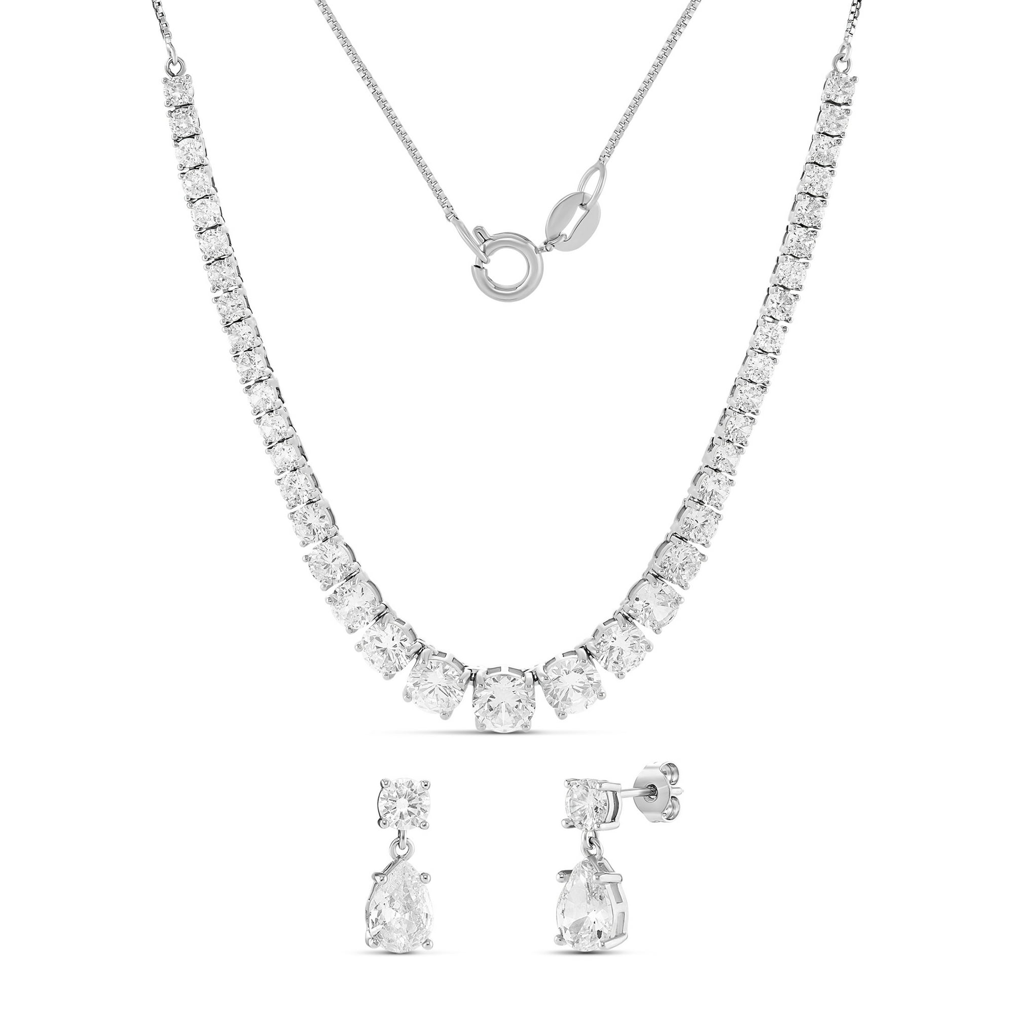 Believe by Brilliance Women's Fine Silver Plated CZ Tennis Necklace and Drop Earring Set