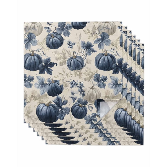 Blue Pumpkins Fall Cloth Napkins Set of 6 Reusable Dinner Napkins, Vintage Botanical Thanksgiving Cocktail Napkin Washable Table Napkins for Wedding/Holiday Party/Baby Shower 20"x20"