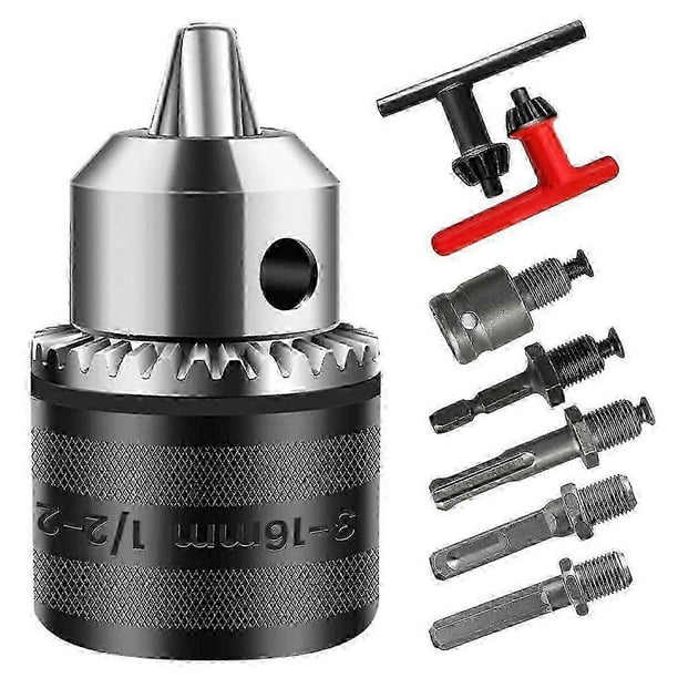 A 3-16mm Drill Chuck Adapter (1/2-20UNF) with a 16mm Chuck Key, for an Impact Driver, Electric Drill, or Hammer Drill.
