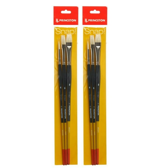 Princeton Snap! Brush Set No. 4, Natural Bristles, Long Handle Acrylic & Oil Paintbrush, Multicolor, 3 Per Set, 2 Sets