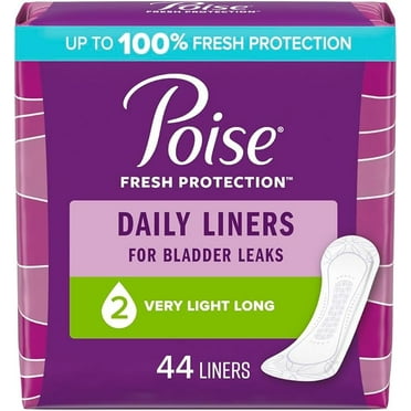 Poise Daily Incontinence Panty Liners, 2 Drop Very Light Absorbency, Long, 44 Count of Pantiliners, Packaging May Vary