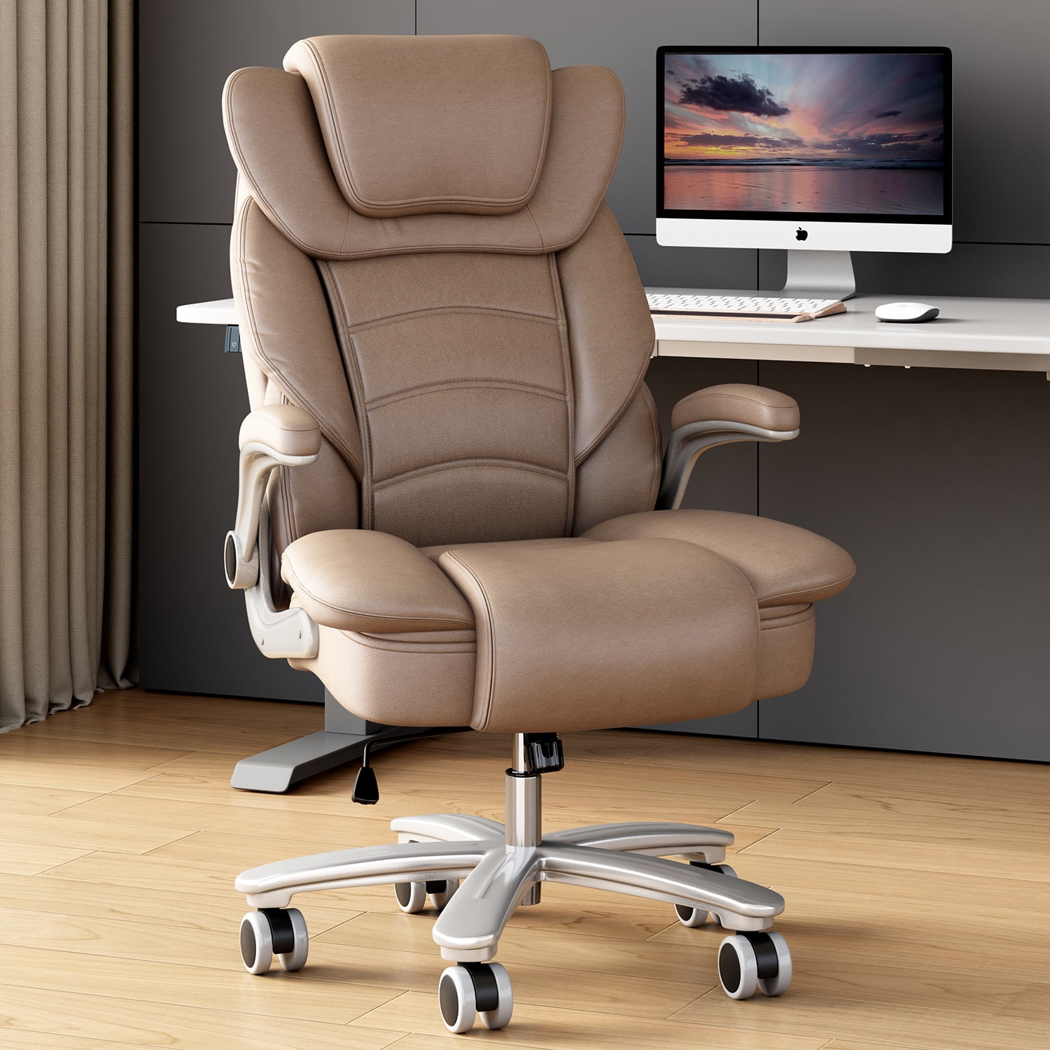 HomeZeer Big and Tall Office Chair 400lbs, High Back Leather Executive Office Chair with Adjustable Armrest, Modern Ergonomic Office Chair with Wide Seat and Lumbar Support, Brown