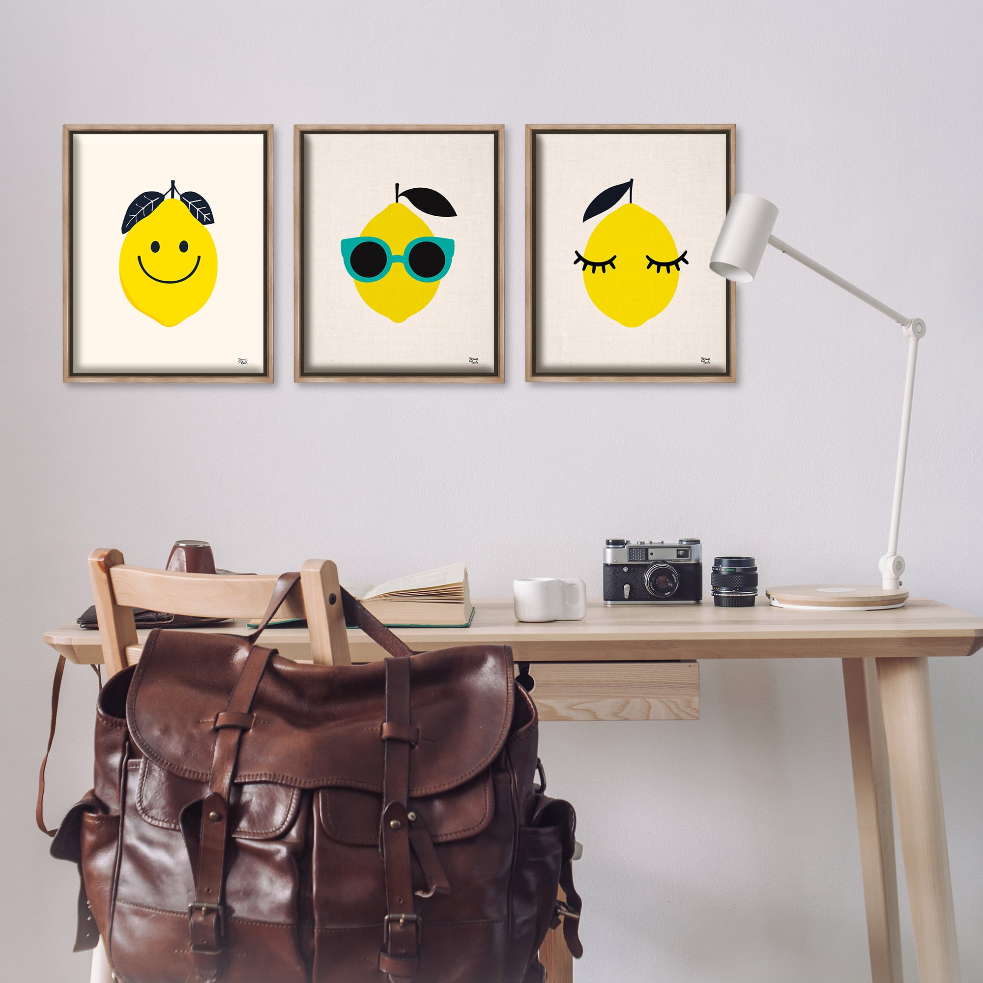 Stupell Industries Hip Summer Lemon Faces Food & Beverage Painting Brown Floater Framed Canvas Art Print Wall Art, 17 x 21, Set of 3