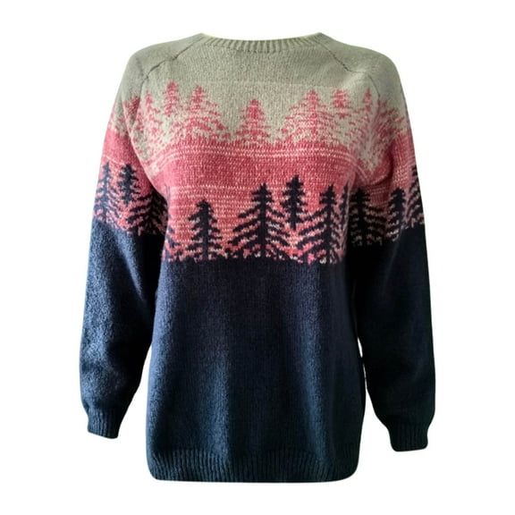 LEKDFST Women's Fair Isle Sweaters Fall Winter Oversized Casual Pullover Sweater Crewneck Long Sleeve Knitted Jumper Tops Dark Blue M