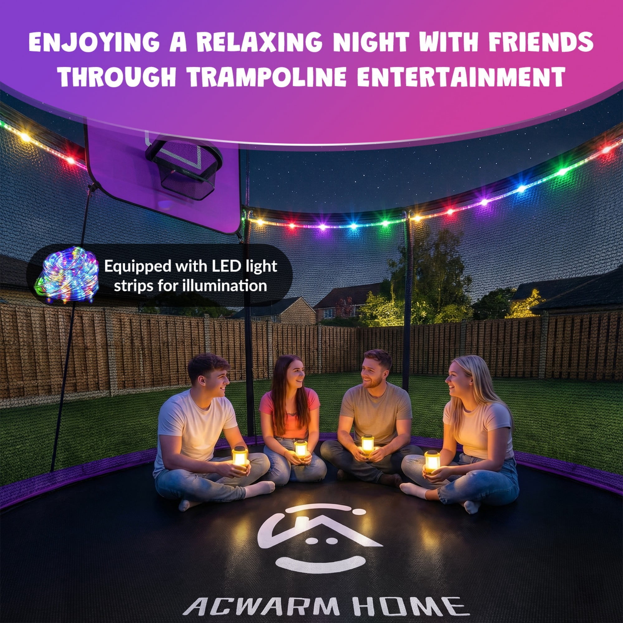 ACWARM HOME 2025 NewTrampoline 14FT Premium Blue Trampoline with Basketball Hoop and LED Lights Recreational Trampolines for Kids and Adults with Net and Ladder