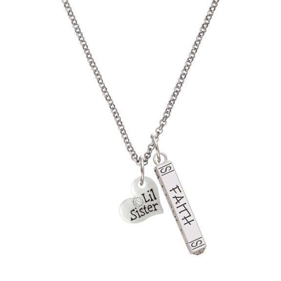 Delight Jewelry Silvertone Small ''Lil Sister'' Heart with Clear Crystal Silvertone Believe Faith Prayer Hope Bar Charm Necklace, 23"
