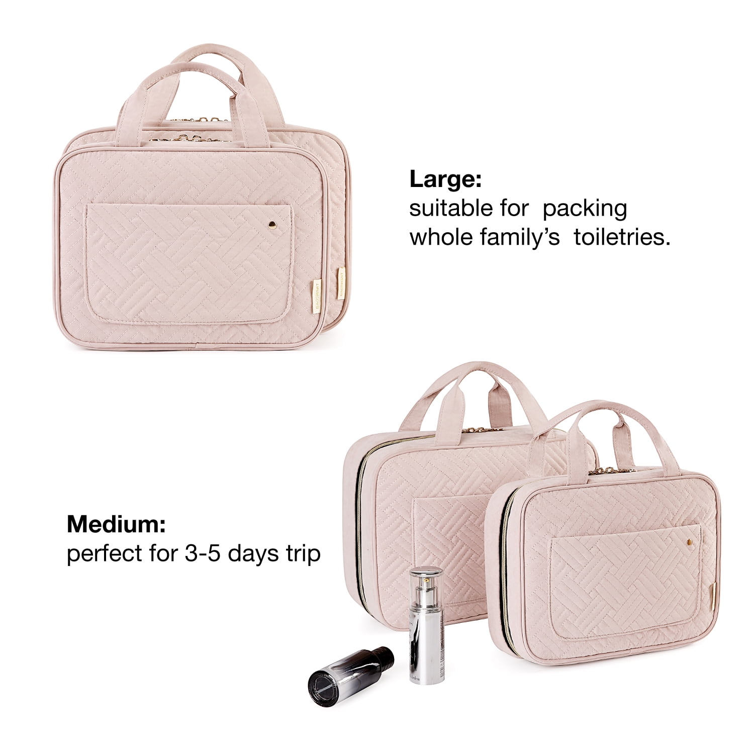 BAGSMART Large Size Travel Toiletry Bag with Hanging Hook, Water-resistant Makeup Cosmetic Bag Organizer for Toiletries Accessories, Travel Essentials, Pink