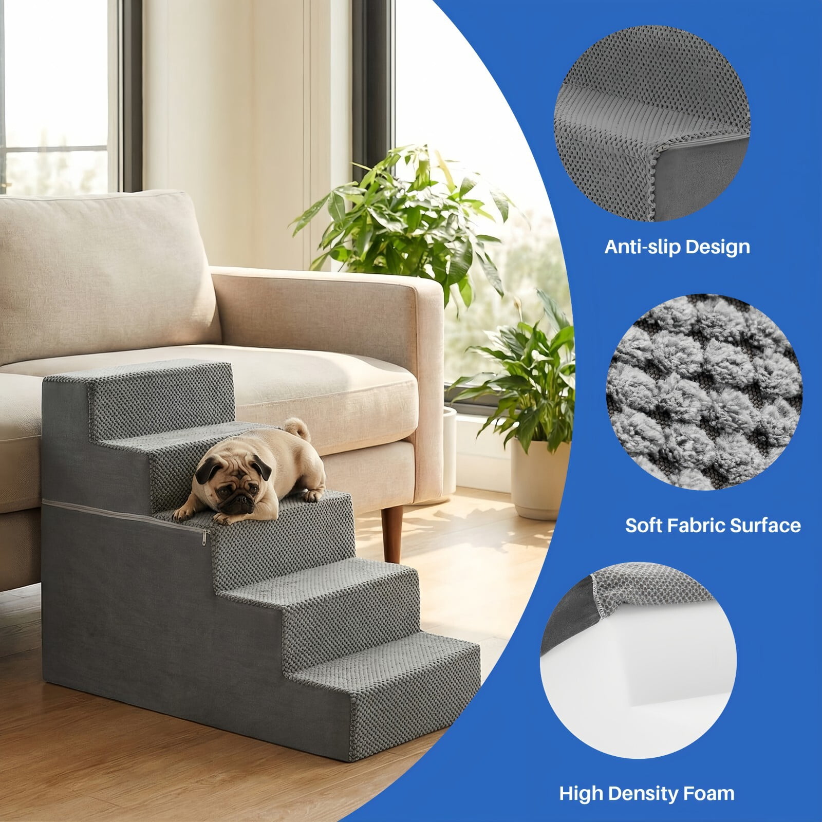Kelno 23" Tall Dog Stair Foldable Foam Pet Steps with Removable Washable Cover, Gray