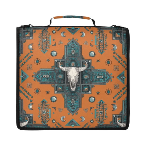 Zipper Binder with Shoulder Strap 2 inch 3 Ring Waterproof File Folder Organizer Bag 500 Sheet Western-style Cowhorn Skulls