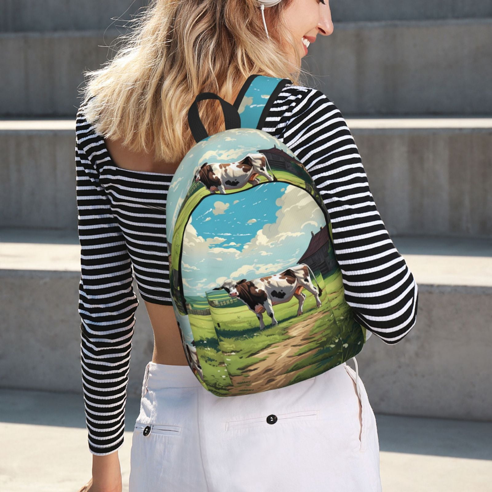 Picia Prairie Pasture Cow Printed Canvas Daypack - Stylish and Durable Vintage Compact Backpack - Class, Work, Travel, or Laptop Bookbag,Organized Compartments-Medium