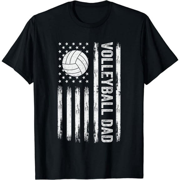 Volleyball Dad Graphic T-Shirt, American Flag Design for Game Day, Funny Men’s Cotton Tee, Sizes S-4XL
