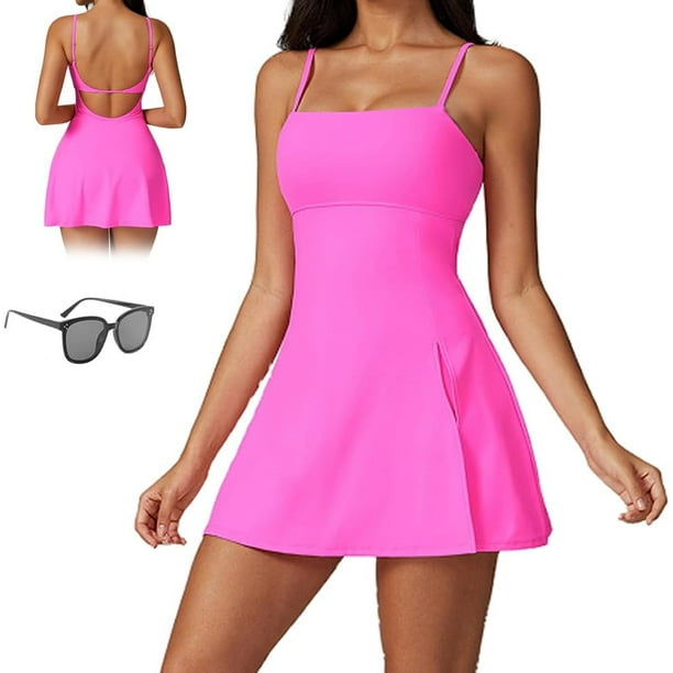 Vestido deportivo 2 en 1 con dobladillo dividido para mujer, vestidos con sujetador y pantalones cortos incorporados, vestido de tenis sin espalda con tirantes finos sin mangas