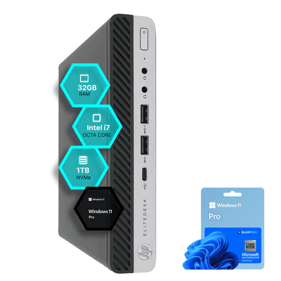 Restored HP EliteDesk 800 G5 Micro PC, i7-9500T Processor, 32GB RAM, 1TB NVMe SSD, Win 11 Pro, WiFi, Bluetooth 5G Blair Tech (Refurbished)