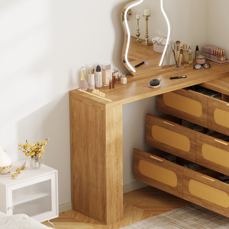 Makeup Vanity Desk with LED Lighted Mirror,Rattan Expandable L-Shaped Corner Table with 6 Drawers,2 Side Shelves,3 Color Modes & Adjustable Brightness Dressing Table for Bedroom Makeup,Home Office