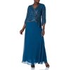 J Kara Womens Long Dress with 3/4 Sleeve, Teal/Black/Mercury, 18