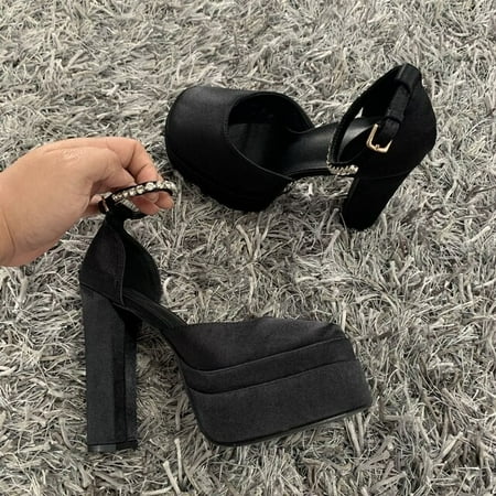 

2022 Brand Fashion Women Pumps Sexy Chunky High Heels Sandals Platform Dress Shoes Party Wedding Shoes Woman Buckle Rhinestone