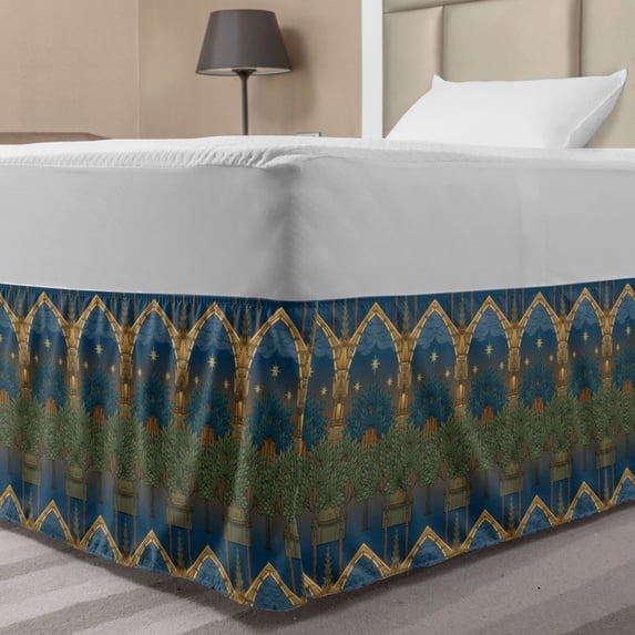 Medieval Bed Skirt, Antique City Architecture in Night Along Trees Stars and Clouds in Cartoon Design, Elastic Bedskirt Dust Ruffle Wrap Around for Bedding Decor, 4 Sizes, Multicolor, by Ambesonne