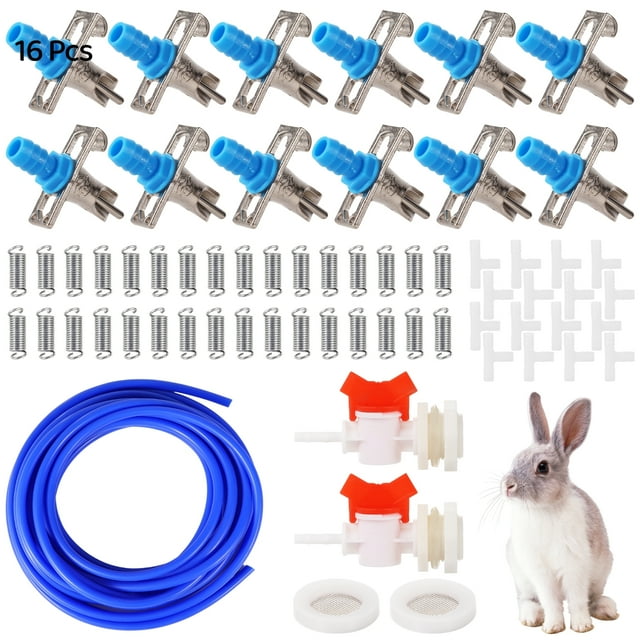 Kit de bebedero automático para conejos, incluye manguera de 5/16", bebederos de tetina, conectores dentados con rosca G1/2", conectores en T, resortes y juntas, sistema de bebedero automático para co