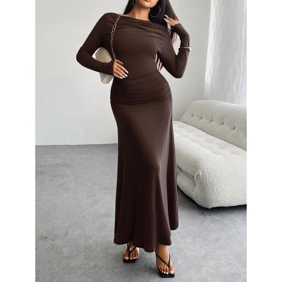 Krumba Women Long Sleeve Dress: Formal Maxi for Wedding Guest - Viscose Stretchy Bodycon Midi for Cocktail Casual Party Club Brown Size L