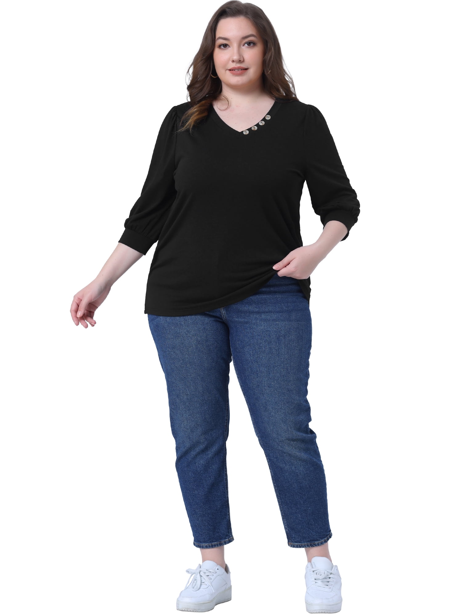 Women's Plus Top 3/4 Sleeve V Neck Button Decor Casual Solid Tees Shirts 4X Black