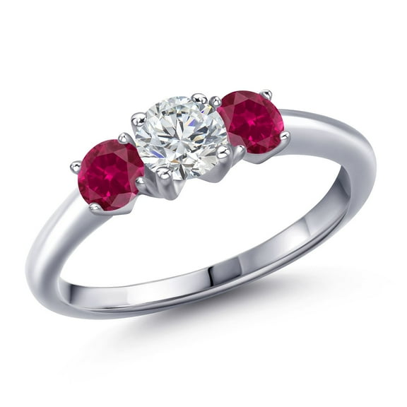 Gem Stone King 925 Sterling Silver Lab Grown Diamond and Red Created Ruby Engagement Ring for Women | 1.00 Cttw | Round 5MM | Gemstone April Birthstone | Size 6