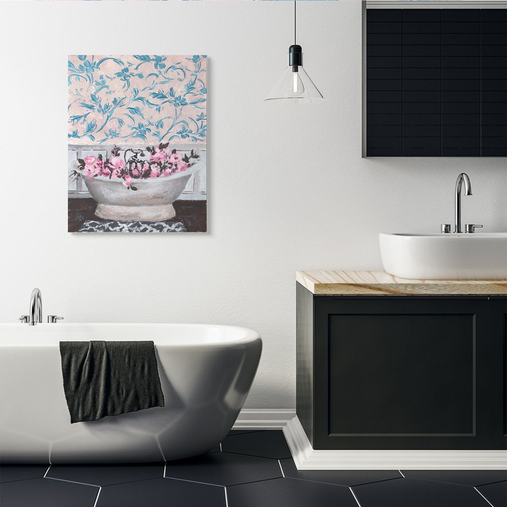 Stupell Industries Flower In Bath Tub Blue Pink Interior Design Canvas Wall Art by Melissa Wang