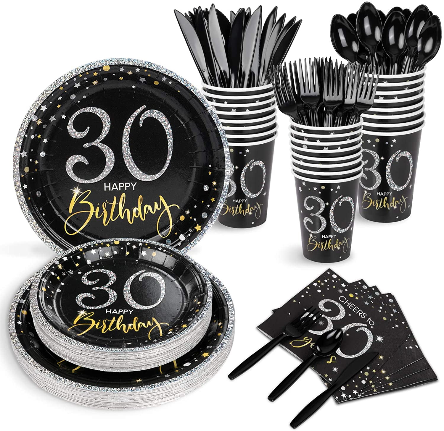 DECORLIFE 30th Birthday Party Supplies for 24 Guests, 30th Black and