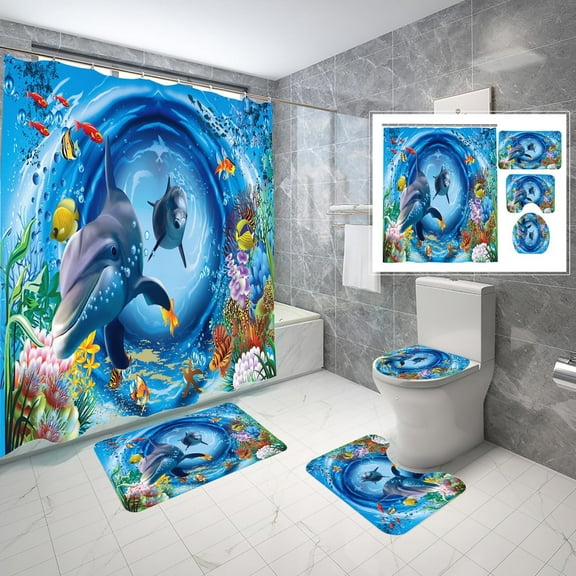 and Fishes Bathroom Sets with Rugs and Accessories Blue Ocean Seaweed Shower Curtains Set Bathroom Sets for Boys and Girls Underwater Sea World Bathroom Sets with Bath Mat