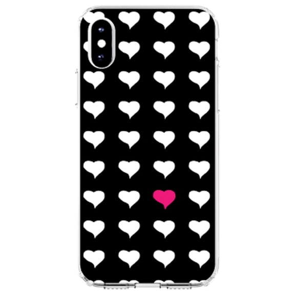 DistinctInk Clear Shockproof Hybrid Case for iPhone XS Max (6.5" Screen) - TPU Bumper, Acrylic Back, Tempered Glass Screen Protector - Pink White Black Repeating Hearts