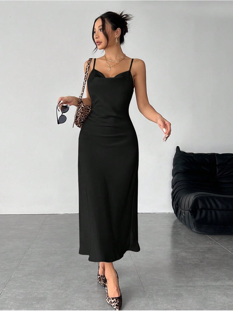 Black Satin Slip Dress With Spaghetti Straps And V-Neck For Evening Or Date Wear