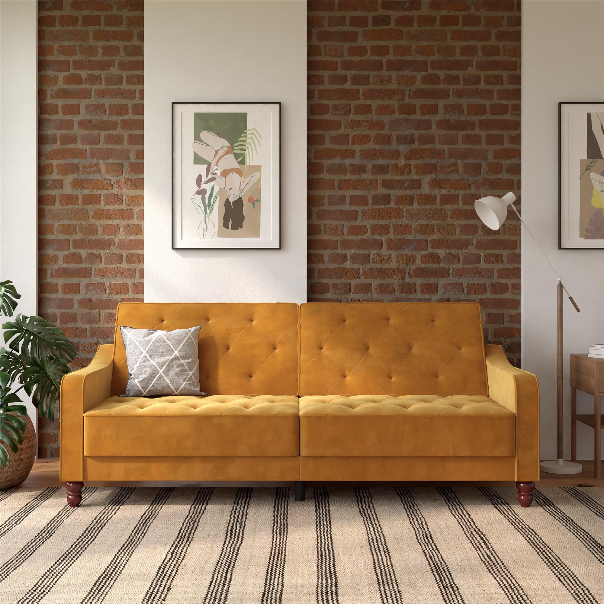 Novogratz Vintage Tufted Split Back Futon, Mustard Yellow Velvet