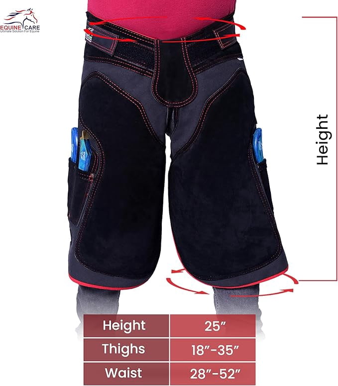 Equine Care Farrier Apron Chaps – 23" Length, 2mm Cowhide Leather & 500 GSM Canvas, Ergonomic Padding, Air-Mesh, Dual Magnets, Adjustable Waist (28"-52"), Ideal for Horseshoeing & Hoof Trimming.