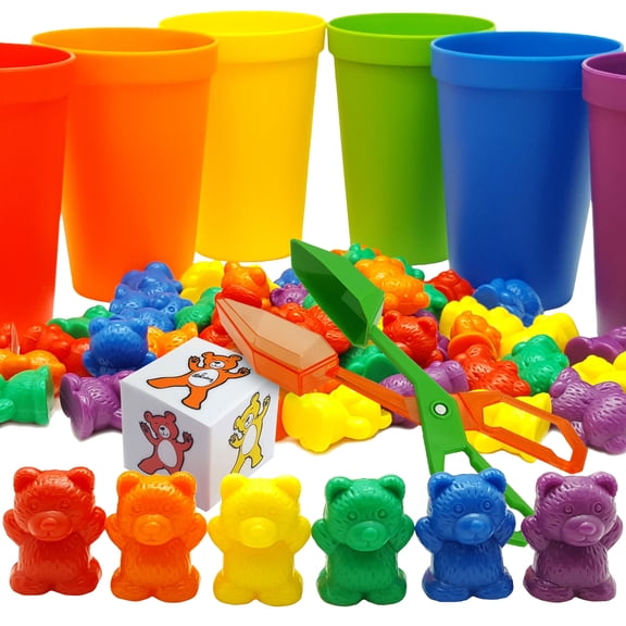 Skoolzy Rainbow Counting Bears with Matching Cups  and bag for Stacking, Sorting 71 Piece Set. Play Ideas