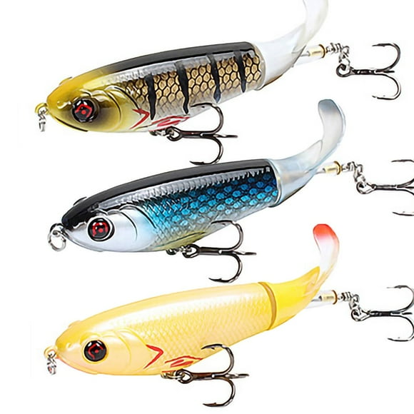 3PCS Whopper Popper Topwater Fishing Lure Artificial Hard Bait 3D Eyes Plopper With Soft Rotating Tail Fishing Tackle