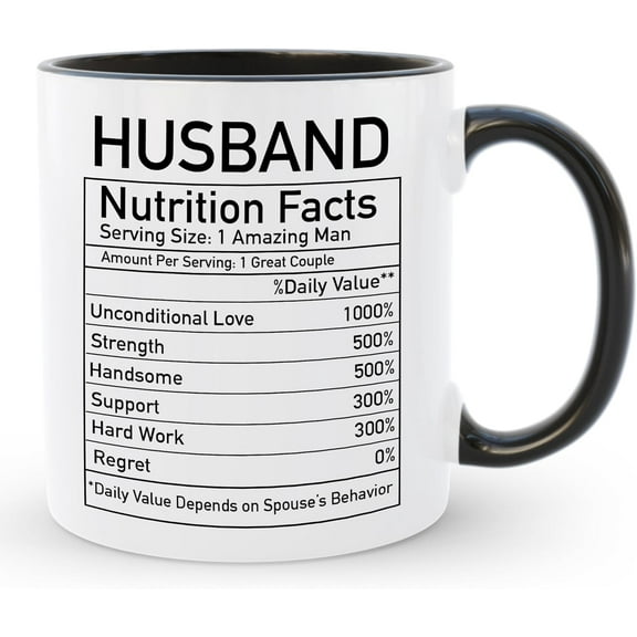 Husband Coffee Mug, Birthday Anniversary Christmas Wedding Present from Wife, Hubby Nutrition Facts Tea Cup, Valentine's Day Gift for Him, 11 Oz Ceramic Mug for Groom to Be Marriage Gift