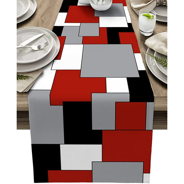 Irregular Geo Cotton Linen Table Runner Dresser Scarves,White Grey Black Red Abstract Geometric Table Runners for Dinning Table,Farmhouse Kitchen Decor,Holiday Dinner Decoration-13x108 Inch