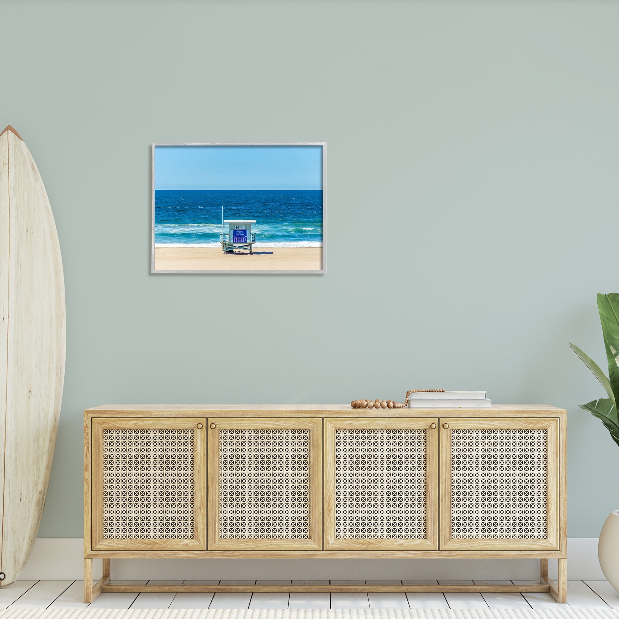 Stupell Industries Vivid Blue Beach Water Waves Coastline Hut Photograph Gray Framed Art Print Wall Art, Design by Jeff Poe Photography