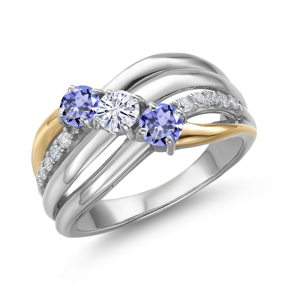 Gem Stone King 925 Silver and 10K Yellow Gold Blue Tanzanite and Moissanite and Lab Grown Diamond Engagement Ring for Women | 0.98 Cttw | Round 4MM | December Birthstone | Size 5