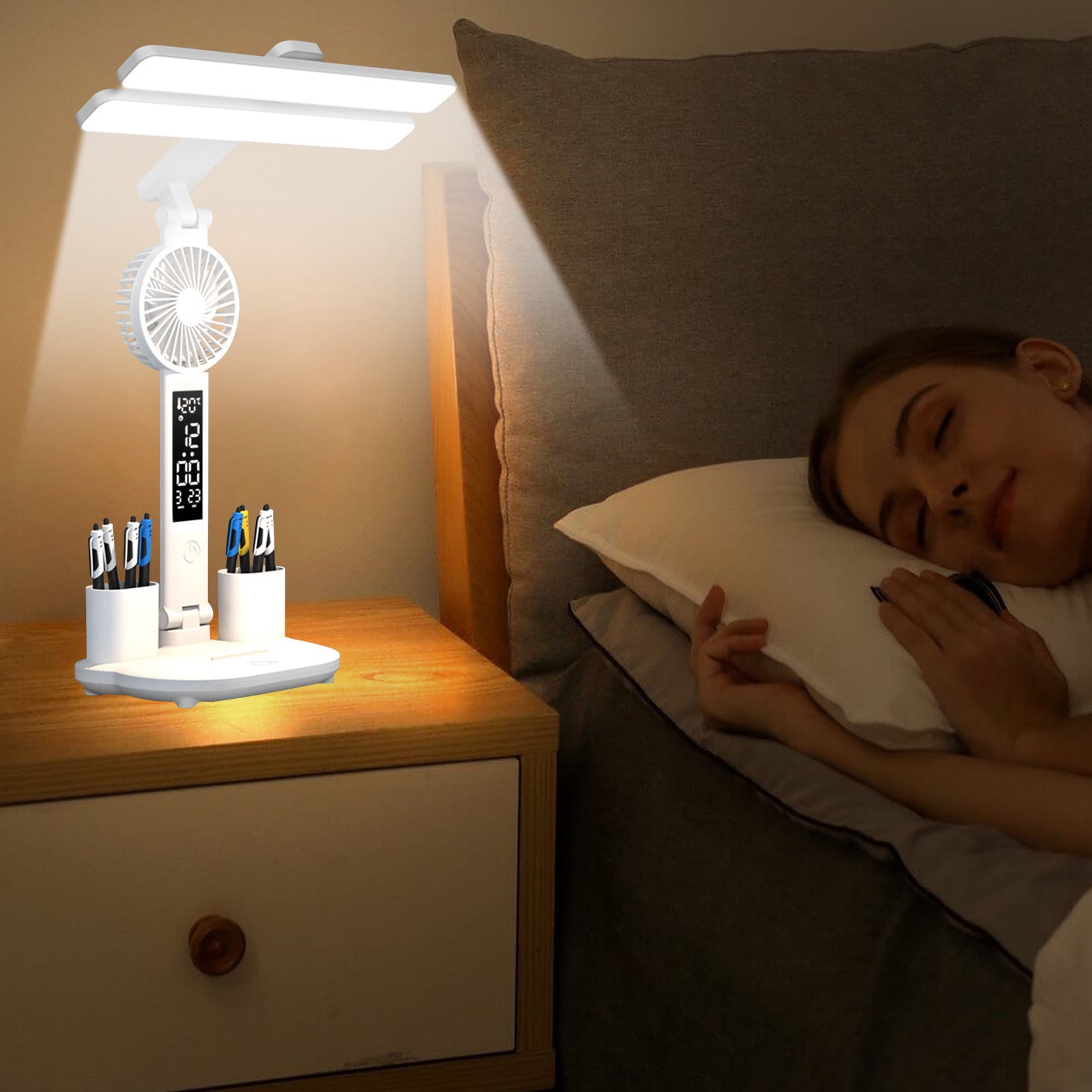 LED Desk Lamp with Pencil Sharpener | Foldable Eye-Care Reading Light | Adjustable Angle | Pen Holder Organizer | Type-C Rechargeable 2000mAh Battery | White | 13.39"x11.02"x6.89"