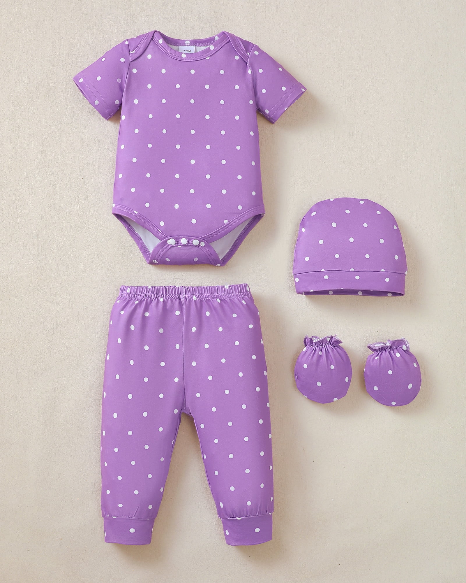 Kimi Bear Newborn Baby Girls Layette Essentials Set 3-6 Months Summer Clothes 4 Packs Short Sleeves Romper Tops Pants Sets with Hats and Gloves 16pcs Girl Gifts Purple