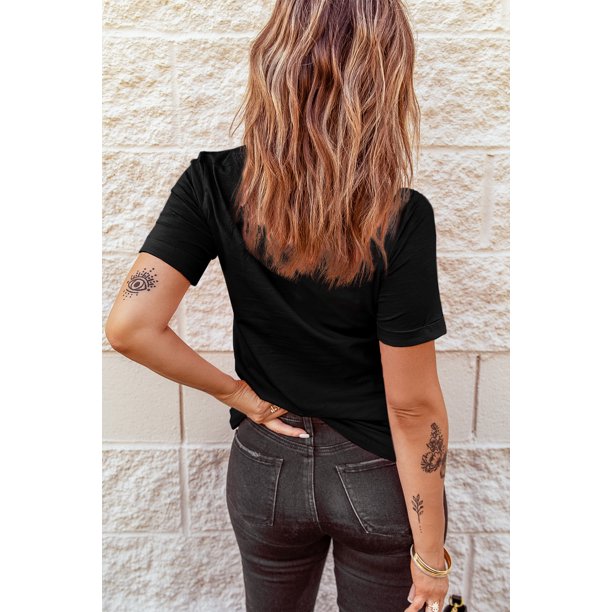 ABPHQTO Camiseta de manga corta enrollada de color liso negro para mujer