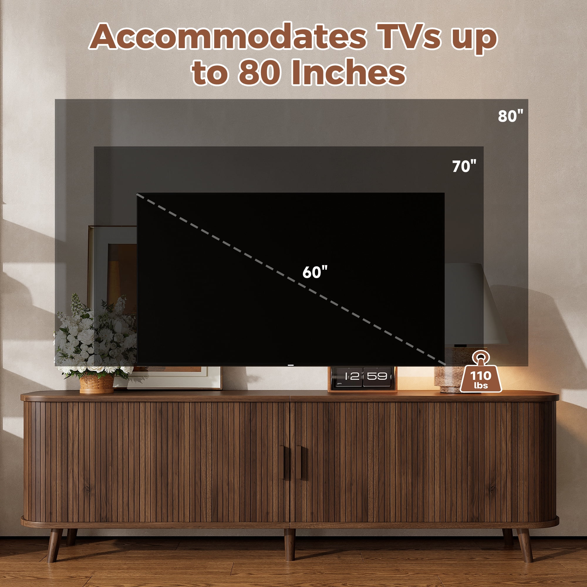 70in TV Stand for TVs up to 80 inches for Living Room, Media Entertainment Center with Ample Storage & Solid-Wood Legs