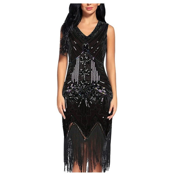 Ayolanni Sequin Women's Casual Dresses Fringe V-Neck Black Ball Gown Sleeveless Dresses Girls Holiday Dresses L