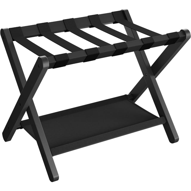 SONGMICS Estante de Equipaje de Bambú para Habitación de Invitados, Soporte Plegable para Maletas con Estante de Tela, para Hotel, Dormitorio, Carga de 60 kg, Negro Clásico