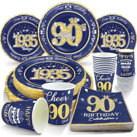 missunny-90th Birthday Decorations Blue and Gold, Service for 30, Vintage 90th Birthday Party Supplies Includes Blue and Gold 1935 Plates, Napkins,Cups 90th Birthday Plates and Napkins for Men Women
