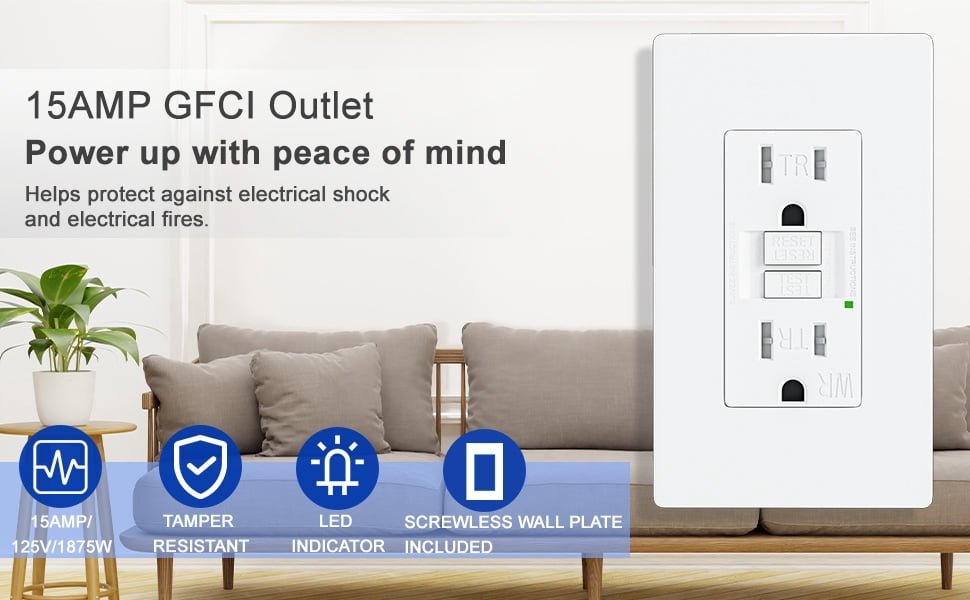 BRILLTECH 15 Amp Self-Test Slim GFCI Outlet Weather Resistant, Tamper-Resistant Receptacle with LED Indicator, Screwless Wallplate Included, UL Listed White (10PACK)