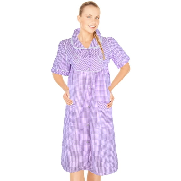 JEFFRICO House Dresses for Women with Pockets - Lightweight Breathable Short Sleeve Muumuu & Nightgowns - Snap Front Housecoat and Dusters for Women Plus Size
