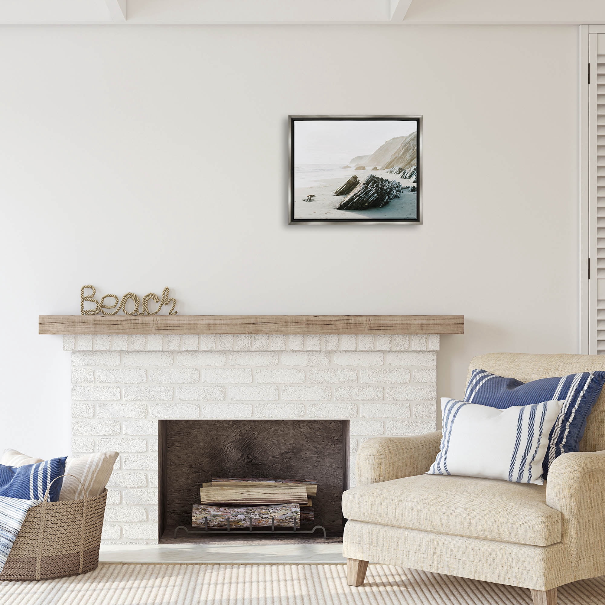 Stupell Industries Rocky Beach Cliff Sandy Shoreline Coastal Photography Gray Floater Framed Art Print Wall Art