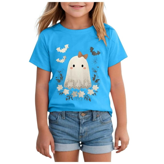 HCNTES Toddler Girl Fall Shirt Boy Girls Halloween Shirt Cute Pumpkin Flower Short Sleeve Tops Thankful Fall T-Shirt(R124-Blue,5-6 Years)