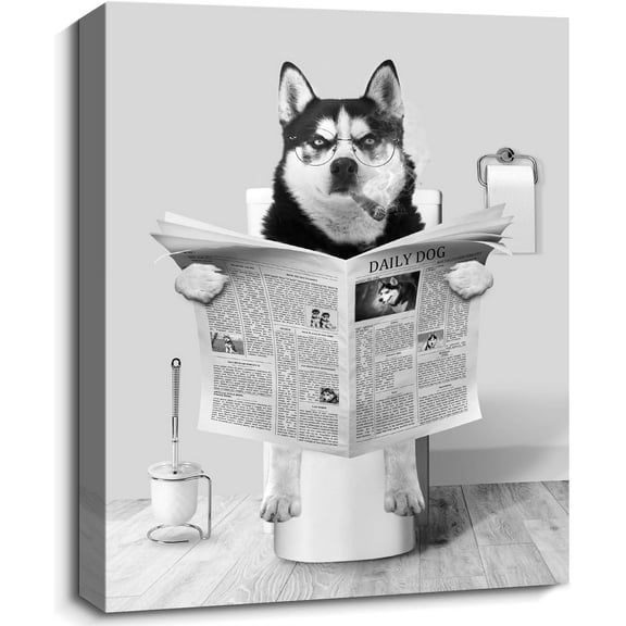 Funny Dog Bathroom Decor Wall Art Humor Husky Reading Newspaper in Toilet Canvas Prints Cute Dog Smoking Cigar Picture Poster Black and White Animals Artwork for Bathroom Toilet Restroom Decor